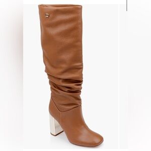 DEE OCLEPPO LEATHER SLOUGHY KNEE HIGH BLOCK HEEL BOOTS TAN SZ 8.5 NEW